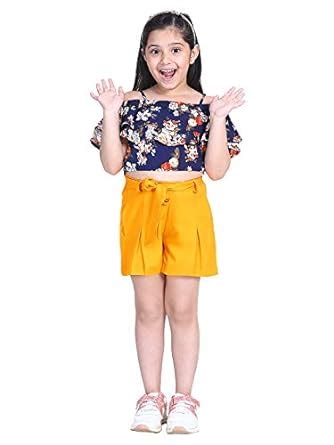 Buy Naughty Ninos Girls Navy Blue Floral Printed Top with Yellow Shorts ...