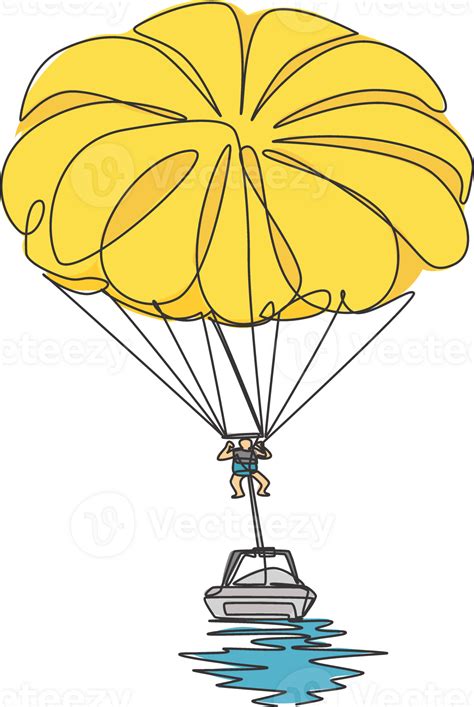 One continuous line drawing of young bravery man flying in sky using parasailing parachute ...