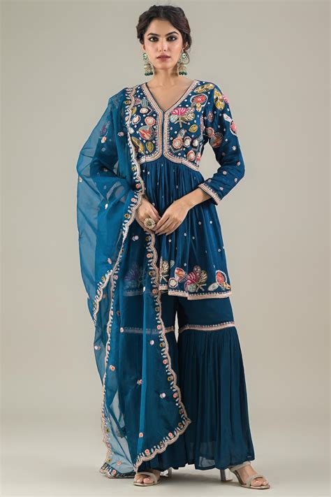 Ocean Blue Embroidered Chinon Silk Sharara Set