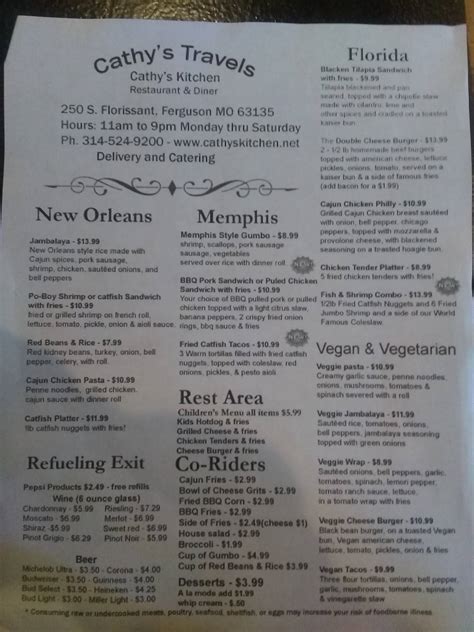 Menu at Cathy's Kitchen restaurant, Ferguson