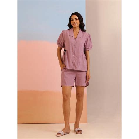 Buy SAY Lavender Color Solid Pure Cotton Night Suit (Set of 2) Online