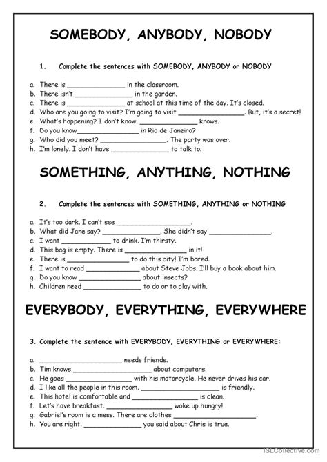 SOMEBODY, ANYBODY, NOBODY, SOMETHING…: English ESL worksheets pdf & doc
