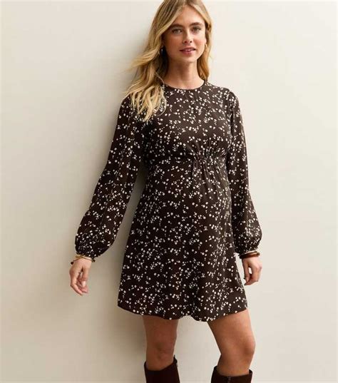 Maternity Dark Brown Ditsy Long Sleeve Flutter Mini Dress | New Look