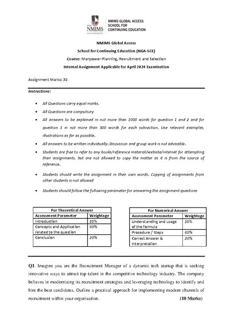 Manpower Planning Recruitment and Selection PG QP Assignment April 2024 ...