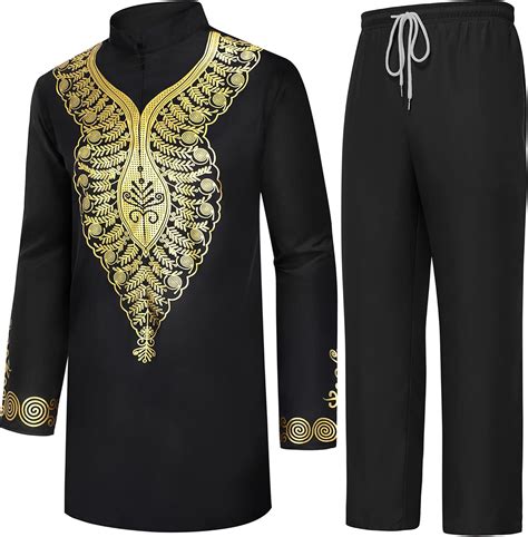 Buy DASKALL Mens African Gold Print Dashiki Suit - 2 Piece Long Sleeve ...