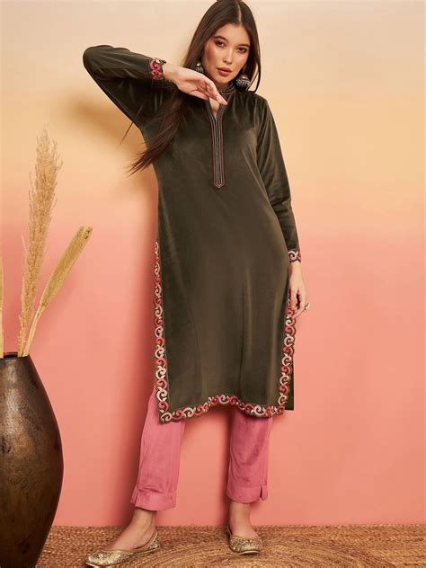 Sangria Olive Green Mandarin Collar Thread Work Velvet Straight Kurta ...