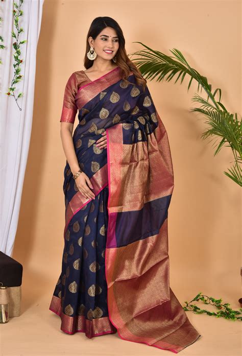 Blue With Pink Border Banarasi Zari Weaving Saree With Blouse – Aaditri fab