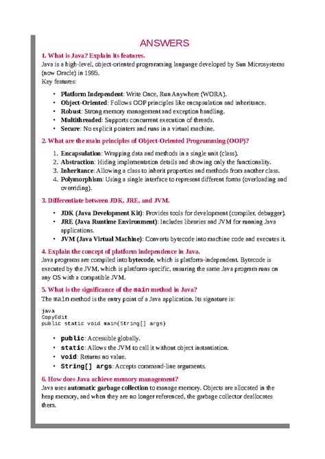 Java questions - Good - ANSWERS 1. What is Java? Explain its features ...