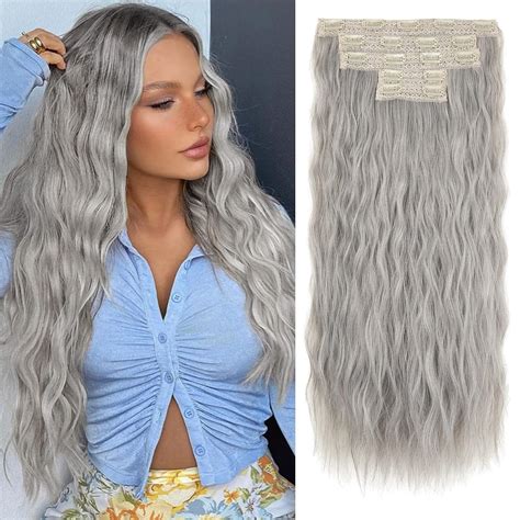 Amazon.com : Clip in Hair Extensions, REECHO 5PCS Silver Grey Hair ...