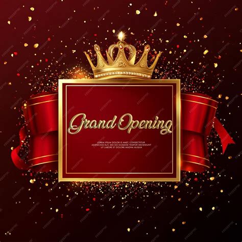 Grand opening invitation red banner design with gold ribbon crown and ...