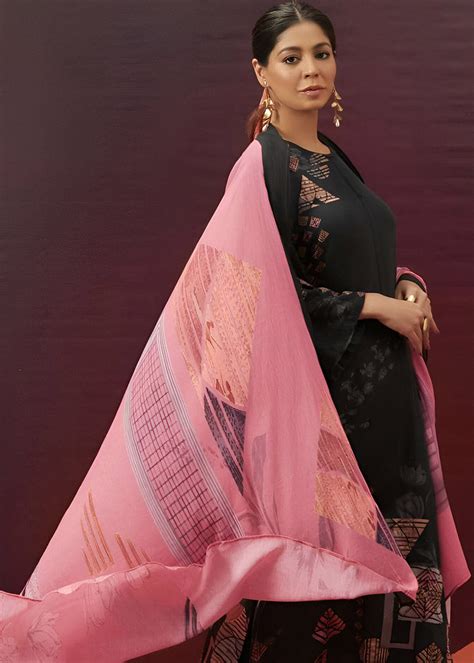 Black Printed Unstitched Cotton Satin Suit Fabric Material for Women ...