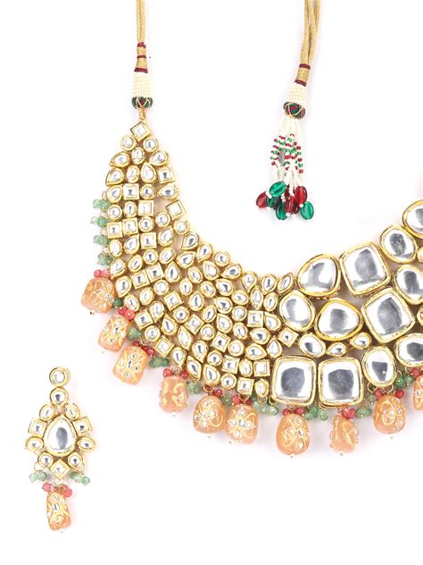 Peach Pearls Beads Kundan Gold Plated Choker Set with MaangTikka – Priyaasi