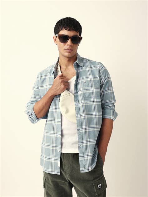 Shop Teal Woven Tartan Checked Slim Fit Casual Shirt Online ...