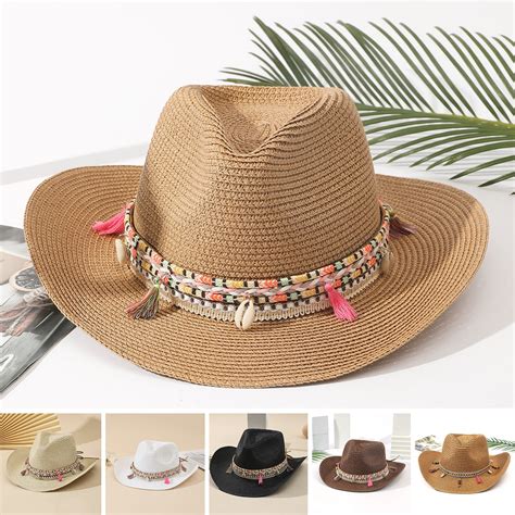 UDIYO Bohemia Style Straw Cowboy Hat,Women's Crocheted Summer Straw ...