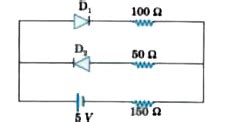 Two diodes `D_(1)` and `D_(2)` each with forward resistance of 50 ...
