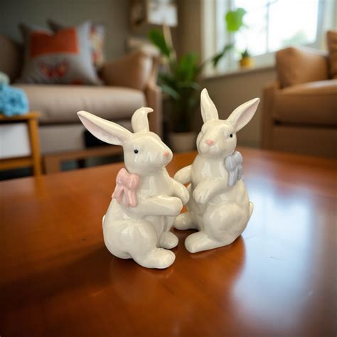 Ceramic Bunny Figurines with Bows – White Porcelain Rabbit Decor (Set ...