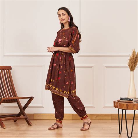 Buy Brown Floral Drawstring Kurta Salwar Co ord Set | Rustorange