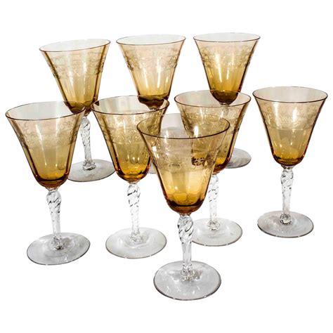 Vintage Etched Amber Crystal Wine Glasses at 1stdibs