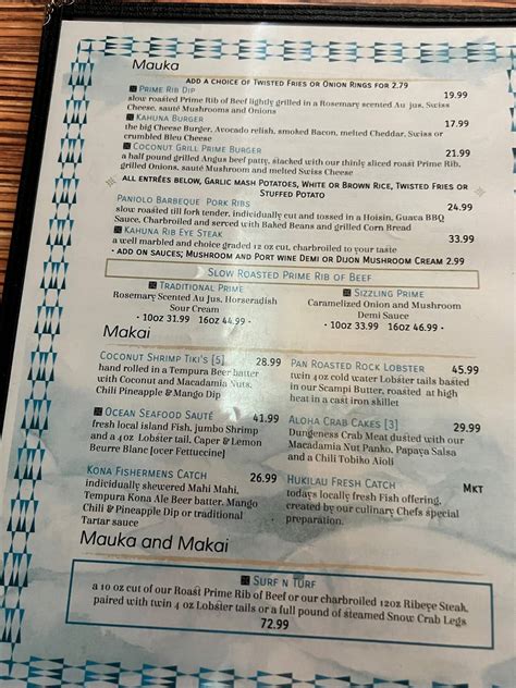 Menu at Coconut Grill restaurant, Hilo