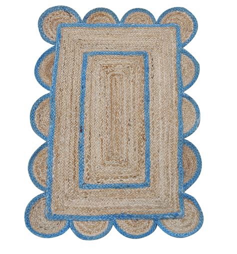 Modern Handmade Natural Jute Scalloped Rug Dhurrie with a Blue Border ...