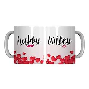 Buy PUREZENTO Hubby Wifey Couple Ceramic Tea/Coffee Mug for Valentine ...