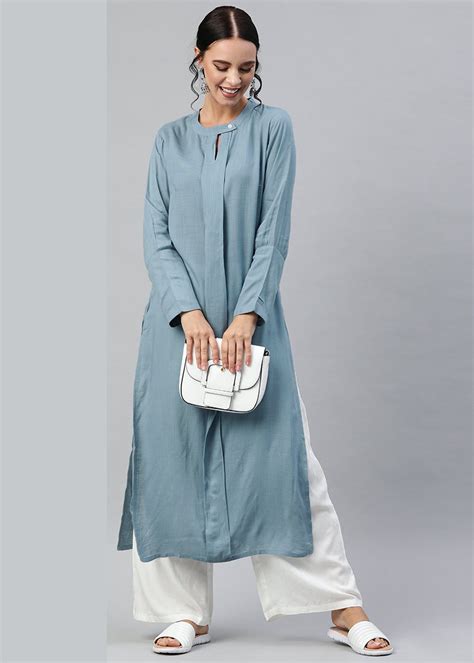 Get Solid Teal Keyhole Neck Straight Kurta at ₹ 999 | LBB Shop