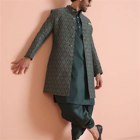 Shop Kisah’s Green Cotton‑Silk Indowestern Sherwani Set