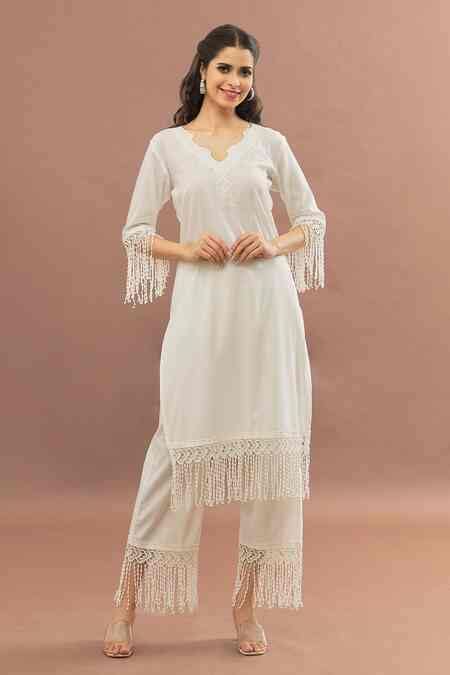 Buy White Cotton Lace Keyhole Neck Floral Cut Work Border Kurta With ...