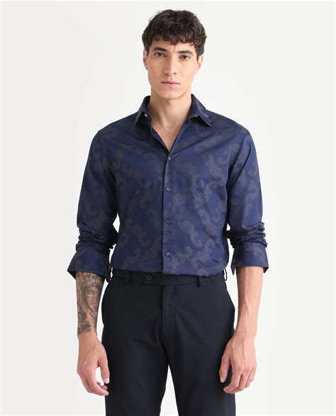 Rare Rabbit Men's Funo Blue Cotton Jacquard Regular Fit Full Sleeve Co