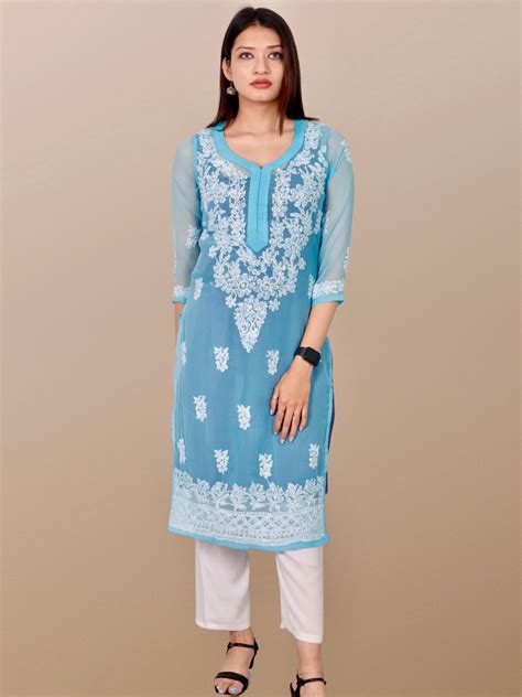 Plus Size Hand Embroidered Lucknowi Chikankari Georgette Women Kurta w ...