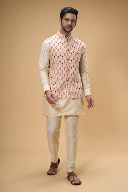 Buy Peach Cotton Silk Printed Floral Bundi And Kurta Set For Men by ...