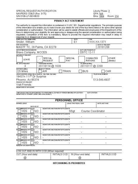 Special Request/Authorization Liberty Phase: 3 NAVPERS 1336/3 (Rev. 9 ...