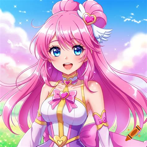 Anime girl with pink hair and blue eyes in a pink dress standing in a ...