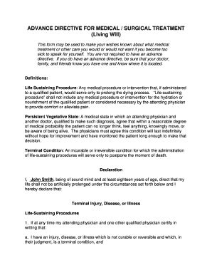 Fillable Online cobar ADVANCE DIRECTIVE FOR MEDICAL SURGICAL TREATMENT ...