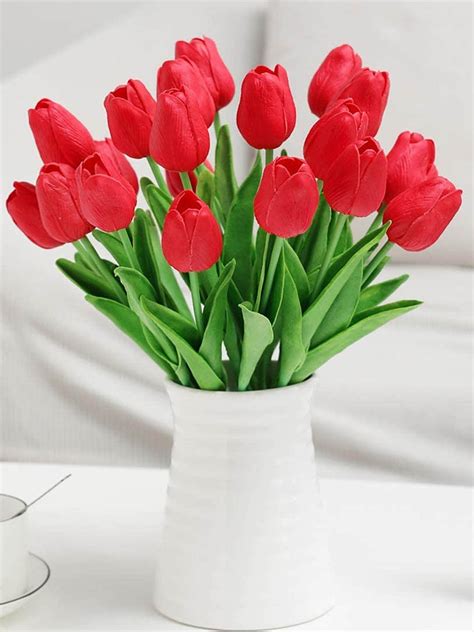 Buy | Set Of 5 Red and Green Artificial Tulip Silk Flowers Sticks ...