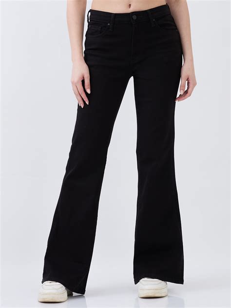 Women Jet Black Flare Leg High Rise Jeans