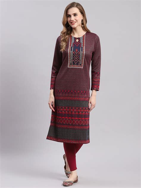 Buy Women Maroon Printed Round Neck Full Sleeve Kurtis Online in India ...