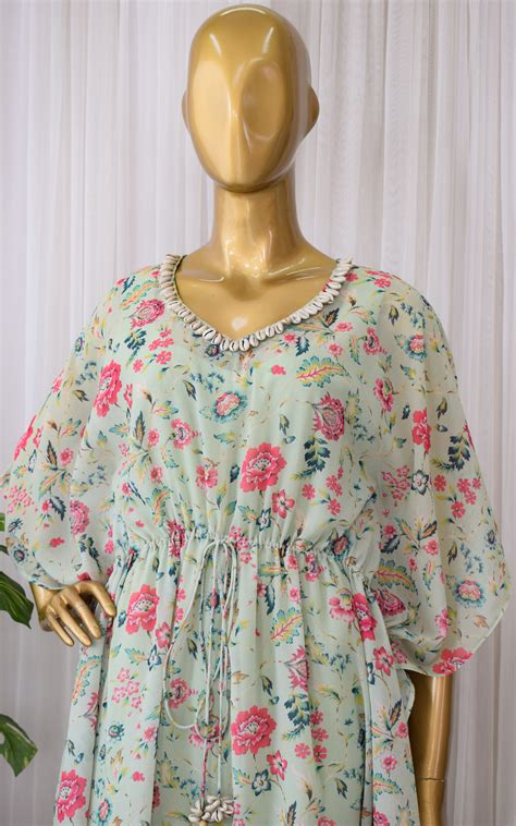 Sage Green Floral Printed Georgette Kaftan Set