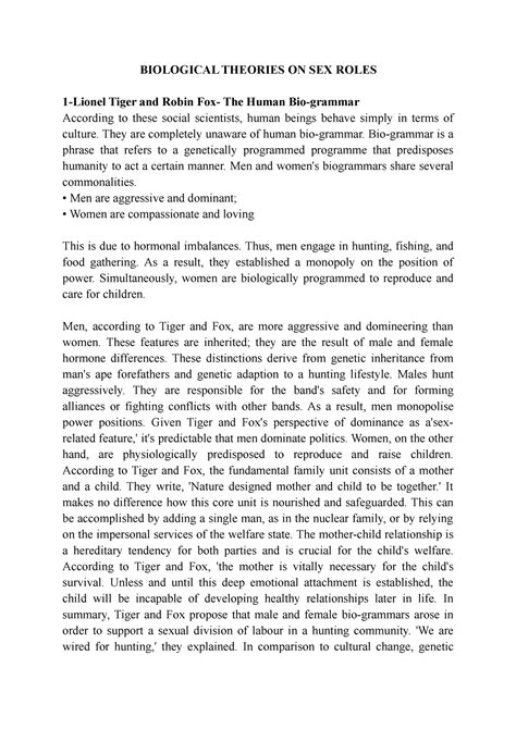 Biological Theories ON SEX Roles - BIOLOGICAL THEORIES ON SEX ROLES 1 ...