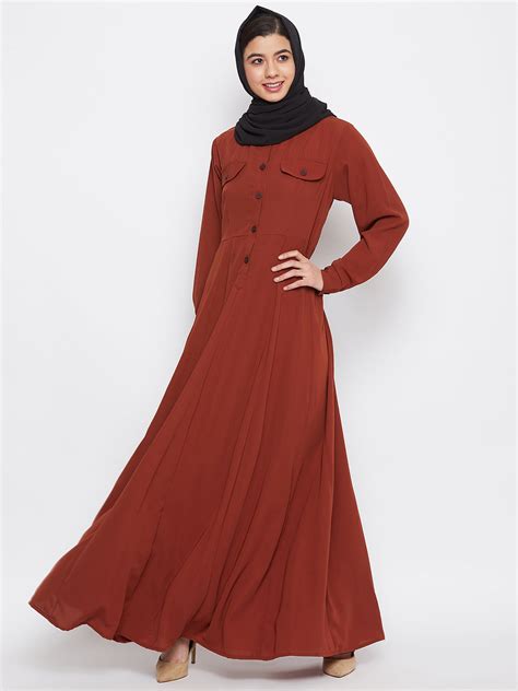 Nabia Women Rust Nida Matte Fabric Abaya With Georgette Scarf