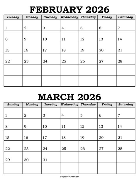 February March 2026 Calendar Templates - SpootViral