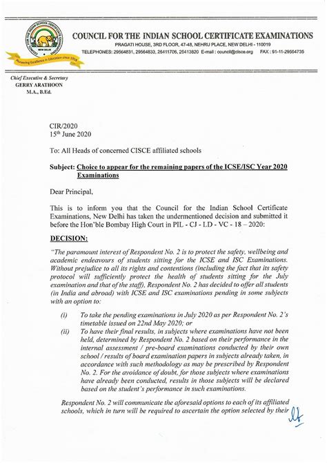 Choice to appear for the remaining papers of the ICSE/ISC Year 2020 ...