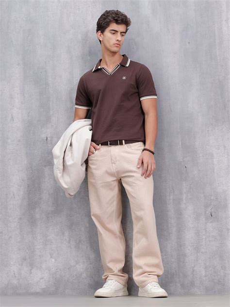 Slim Fit 100% Cotton Johnny Collar Polo With Contrast Tipping | Brown ...