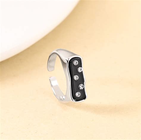 Ring Online - Premium Black Domino Stone Studded Silver Ring | Nestasia