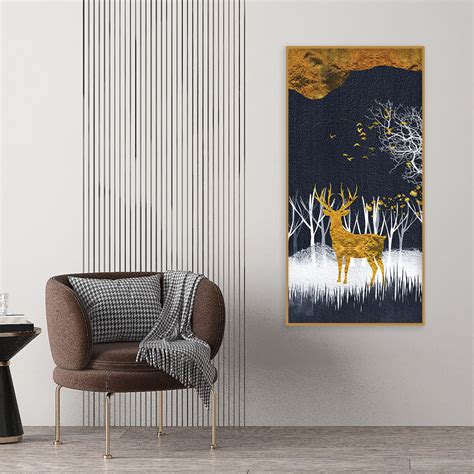 Dark Night Golden Deer with Birds Premium Canvas Wall Painting – Vibecrafts