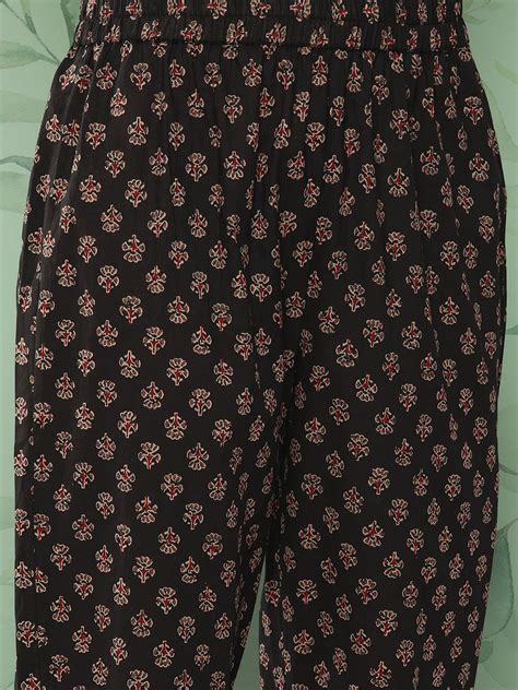 Women Black & Red Floral Printed Pure Cotton Kurta with Trousers & Wit ...