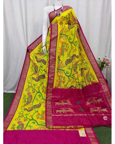 POCHAMPALLY IKKAT SILK YELLOW WITH PINK COLOR FOREST SAREE ...