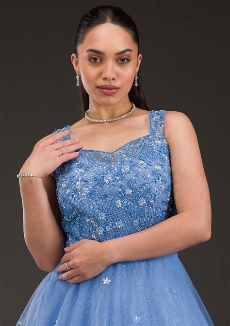 Buy Sky Blue Stonework Net Gown - Koskii