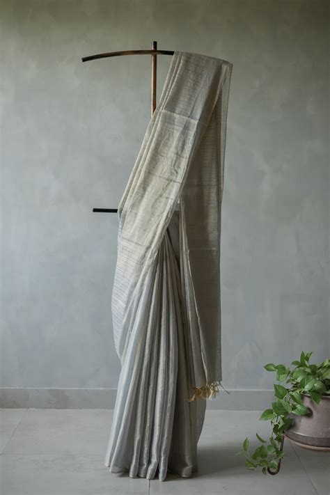 Grey Tussar Handspun Tissue All Over Striped Saree – Neela by Anu Vardhan