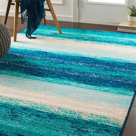 Contemporary Striped Teal Aqua Blue Cream Area Rug – Modern Rugs and Decor